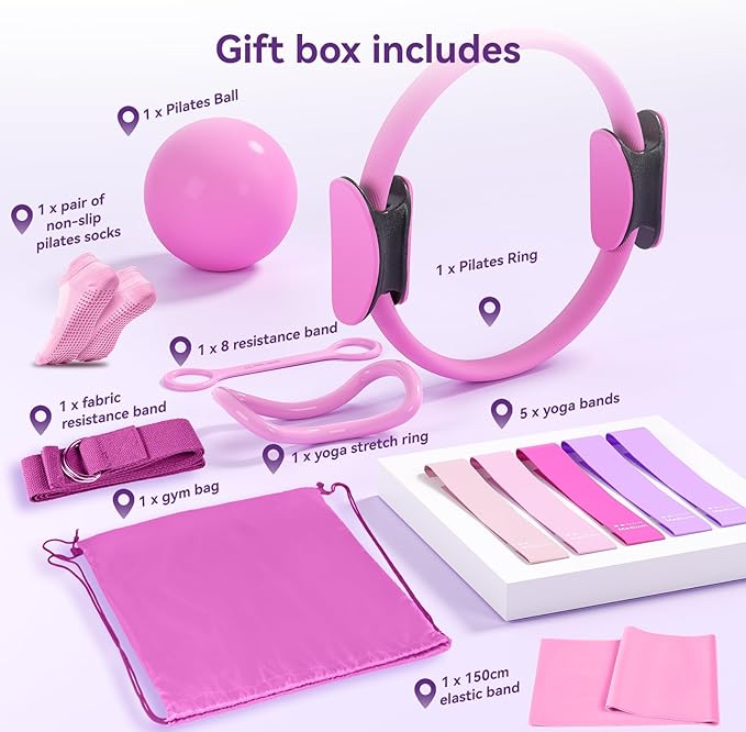 Pilates Kit for Women,15 Inch Magic Circle, 6 Multi-Level Resistance Bands,Yoga Ball Socks, Back Neck Stretcher ,14-Piece Full Body Toning Pilates Equipment for Beginners, 15 Min Daily Routine