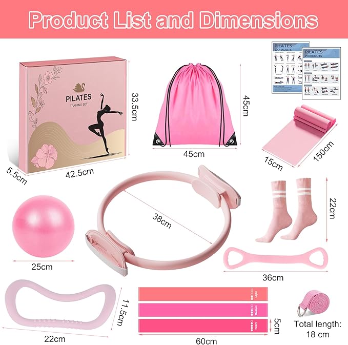 Pilates Equipment Set for Women, Pilates Ring and Ball Set, At Home Pilates Workout Equipment with 15" Magic Circle Ring and Resistance Bands, A Must-Have for Beginners and Seasoned Yogis