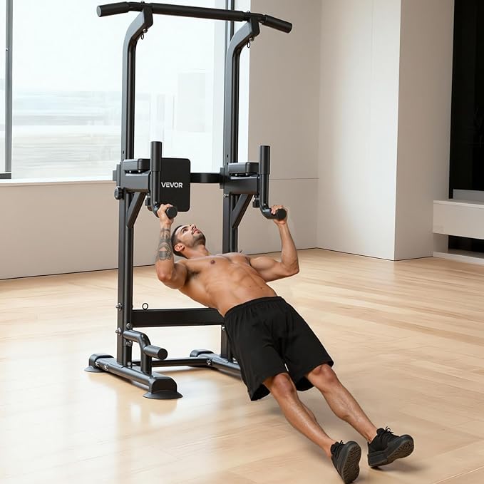 VEVOR Pull Up Bar, 330 LBS Power Tower Dip Station, Workout Dip Station with H-Shaped Stable Base & Back Pad, Adjustable 12 Level Height Free Standing Chin Up Bar for Back, 4-Level Adjustable Back Pad