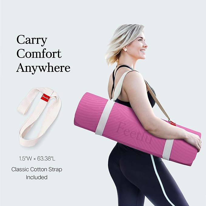 Extra Thick 12mm Exercise Mat – Non-Slip, Joint-Friendly & Cushioned Fitness Mat for Yoga, Pilates & Floor Workouts – Durable, Supportive & Includes Feetlu Classic Strap