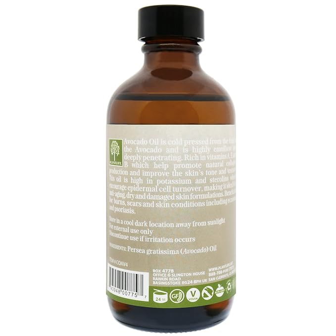 Plantlife Avocado Carrier Oil - Cold Pressed, Non-GMO, and Gluten Free Carrier Oils - for Skin, Hair, and Personal Care - 4 oz