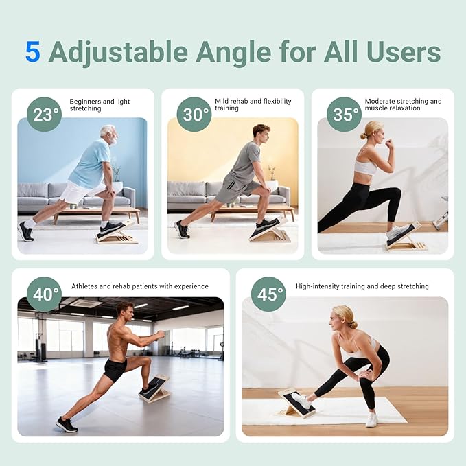Portable Wooden Slant Board for Calf Stretching, Adjustable 5-Angle Incline Board for Ankle, Heel & Foot Exercise, 400lb Capacity, Includes Training Poster