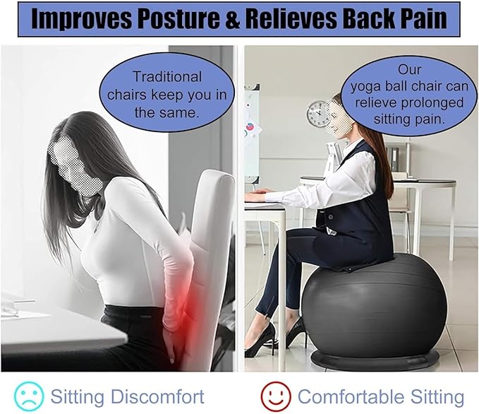 Yoga Ball Chair,Yoga Ball，Exercise Ball, Office Ball Chair with Base & Pump Stability Yoga Ball Seat for Back Pain Relief Home Gym Exercise Ball Chair for Core Strength Training(Green,Diameter 75cm (