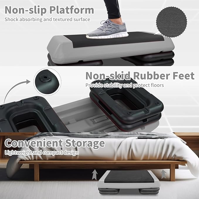 4''-6''-8''Adjustable Aerobic Stepper w/4 Risers Health Workout Step Platform for Sports & Fitness