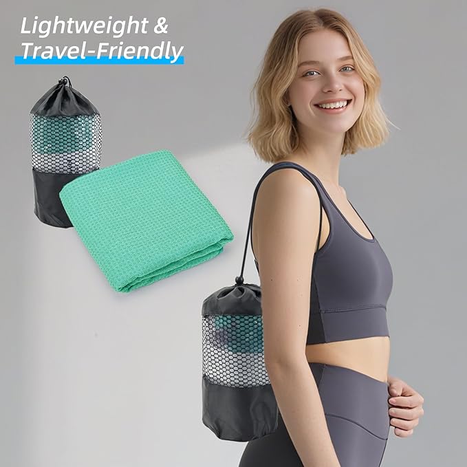YESLIFE Non-Slip Extra Thick Hot Yoga Towel with One Sweat Towel, Microfiber Sweat Absorbent Yoga Mat Towel with Grip Dot, Pilates Mat, 72" x 24", Light Green