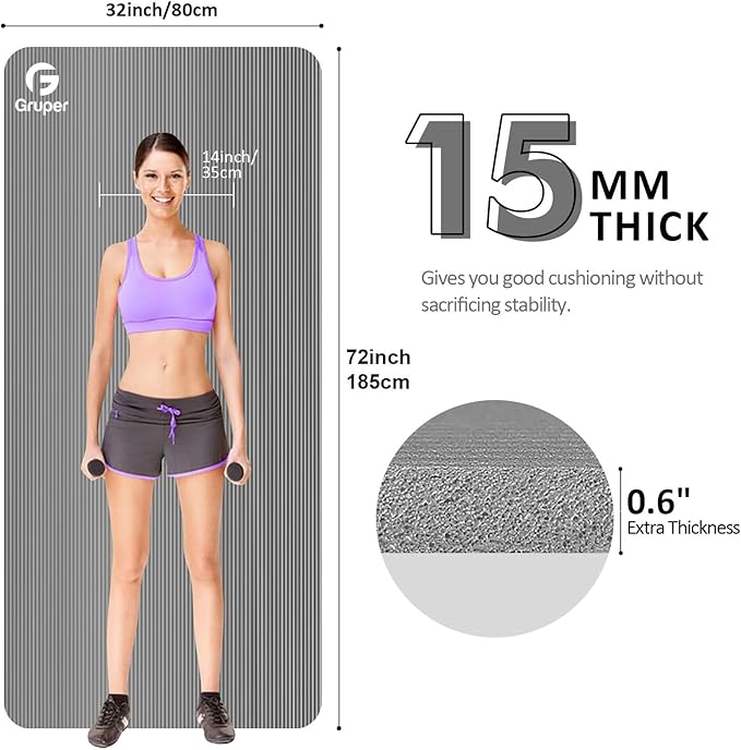 Gruper Yoga Mat Non Slip NBR Extra Thick Yoga Mat, 72"L x 32"/24"W x 0.6"/0.4"TH (185cm x 80cm/61cm x 15mm/10mm), Anti-Tear Exercise Mat with Carrying Strap and Bag, Workout Mats for Yoga, Pilates