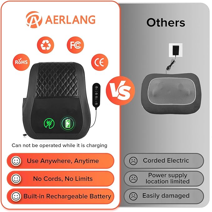 AERLANG Cordless Neck and Back Massager with Heat, 3D Shiatsu Kneading Pillow, 4 Massage Nodes & Bi-Directional Deep Tissue Massage for Neck/Shoulders/Back, Ideal Gift for Women & Men