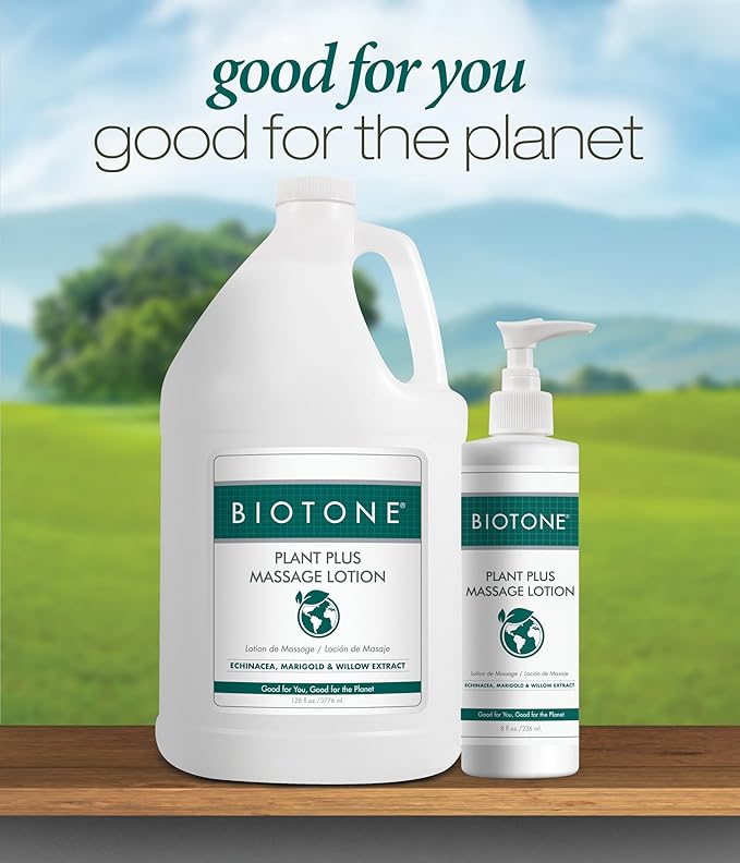 BIOTONE Plant Plus Massage Lotion- Eco-Conscious, Earth-Loving Oils, Plant-Based Ingredients, Kind to The Planet, Versatile for All Modalities, Customizable, Smooth, Silky, Optimum Glide. (128 OZ)