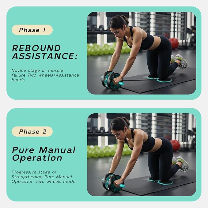 Double-Wheel Ab Roller for Core Training – Rebound Design with Adjustable Elastic Band, Silent Non-Slip Wheels, Detachable Build, Knee Pad & Bands – Home Gym Gear for Men/Women