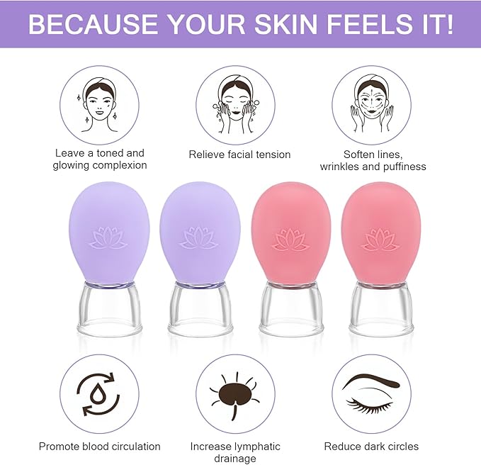 4Pcs Facial Cupping Therapy Set, Silicone Face Cupping Kit for Massage, Anti Cellulite Cup Massage Tool Vacuum Suction Cup for Eye Face Vacuum Massager