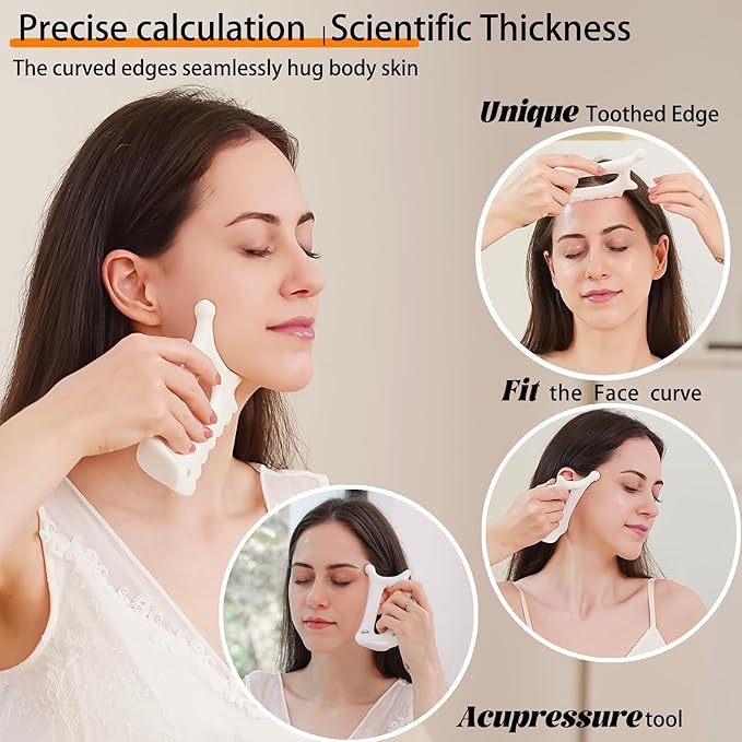 Ceramic 6‑in‑1 Gua Sha Tool for Face & Body, Jawline Sculpting, Double Chin Reduction, Lymphatic Drainage, Trigger Point Manual Massage Tool, Self-Care Gift Box for Women, White