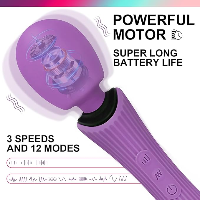 Handheld Wand Massager - Rechargeable Cordless Body Massager with 12 Vibration Patterns & 3 Speeds - Waterproof Silicone Percussion Massager for Neck, Shoulder, Back Muscle Relief - Rose Purple