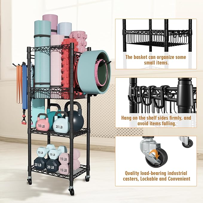 FUTASSI Home Gym Storage, 3 Tiers Workout Equipment Organizer with Wheels for Yoga Mats, Foam Roller, Dumbbells, Kettlebells, and Resistance Bands