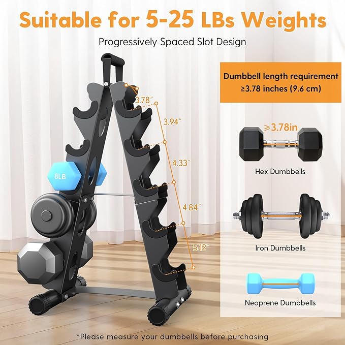 AmazeFan 5 Tier | 3-Tier Dumbbell Rack Stand Only, A-Frame Design Weight Rack with Handle, Weights Metal Strength Training Dumbbells Storage Rack for Home Gym Space Saver (Dumbells not Included)