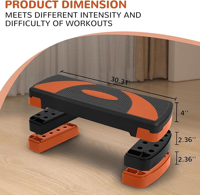 Fitvids Workout Step Aerobic Platform – 31" Exercise Step with 3 levels Adjustable Height – nan – Tangerine