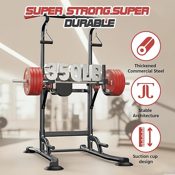 Power Tower Pull Up Bar Free standing with Resistance Bands, 350LBS Heavy Duty Alloy Steel Dip Station for Home Gym Strength Training, Adjustable Height Workout Equipment