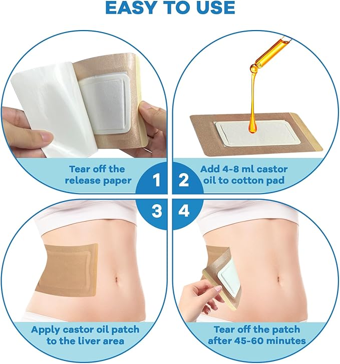 32 Pcs Castor Oil Patches, Disposable Portable Castor Oil Packs with Anti Leakage Cotton for Belly/Feet/Knee (Oils Not Included), 5.1" x 3.9"