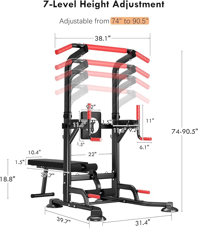 Dland Strength Training Dip Stands, Stand-Up Gym with Bench, Adjustable Bench Press Machine, Home Gym Weightlifting Equipment, Pull-Up Bar Multi-Function Adjustable Leg Press Machine for Weightlifting, Bodybuilding, CrossFit, Yoga, Pilates