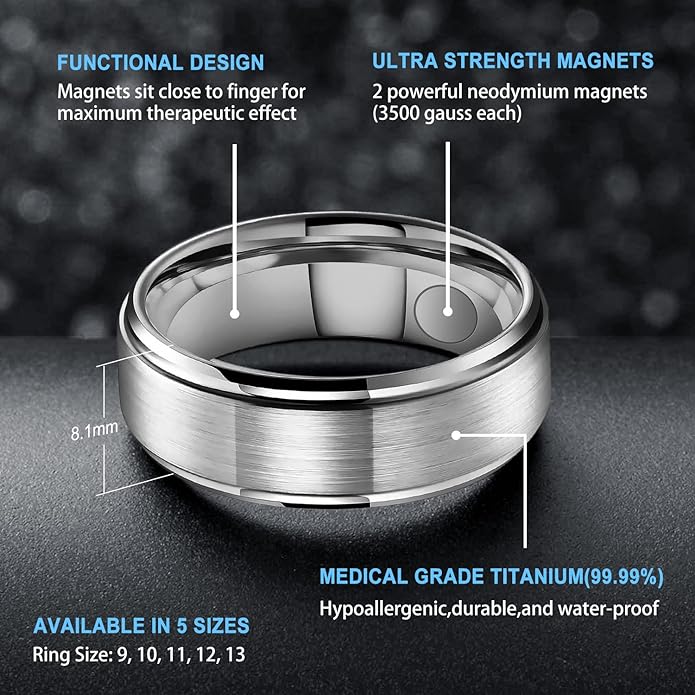 JEROOT 8mm Black Titanium Magnetic Ring for Men, 5mm Silver Pure Titanium Magnetic Ring for Women, Healing Ring with 3500 Gauss Magnets for Jewelry Gifts
