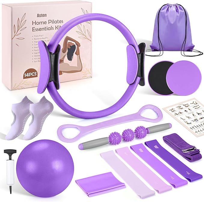 Asten Home Pilates Kit for Women: Pilates Equipment Pilates Ring and Ball Set with Resistance Bands, Core Slider, Foam Roller, Pilates Essentials Kit for Beginner Home Workout, Compact Toning Fitness
