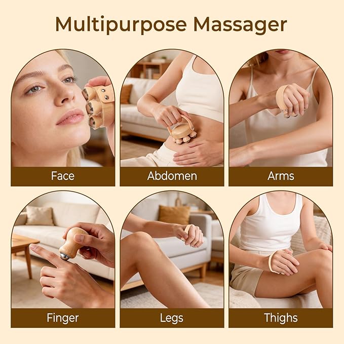 2 Pack Wooden Handheld Lymphatic Massager with Multi Ball and Finger Ball Rollers, Featuring Smooth 304 Stainless Steel Balls for Body Contouring, Cellulite, Circulation and Muscle Relief