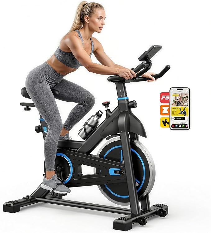 OLIXIS Exercise Bike with APP Control, Brake Pad Stationary Bikes with Quiet Magnetic Resistance, Indoor Cycling Spin Workout Bike with 300.0 lbs Weight Capacity