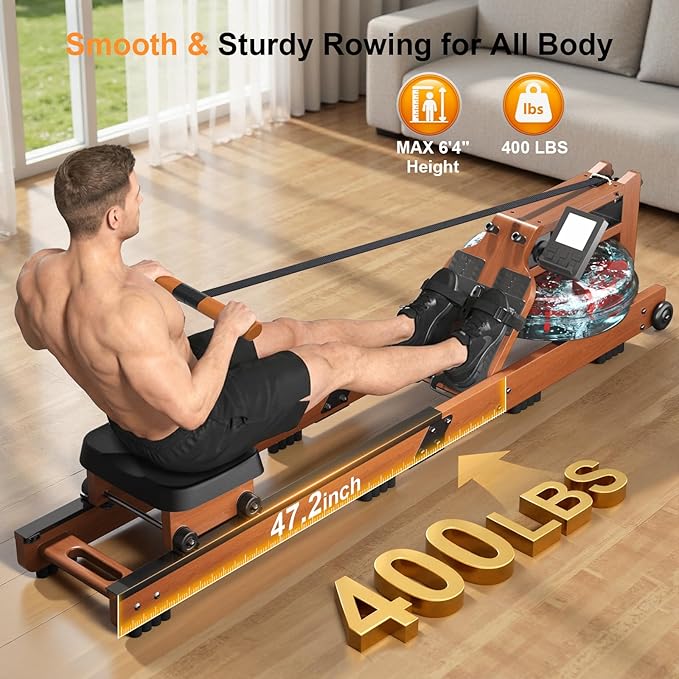 Water Rowing Machine with Foldable Design,Rowing Machines for Home,400LBS Capacity,Smooth Glide Rails,Comfortable Seat,Free App Supported for Immersive Water Rower&Home Gym