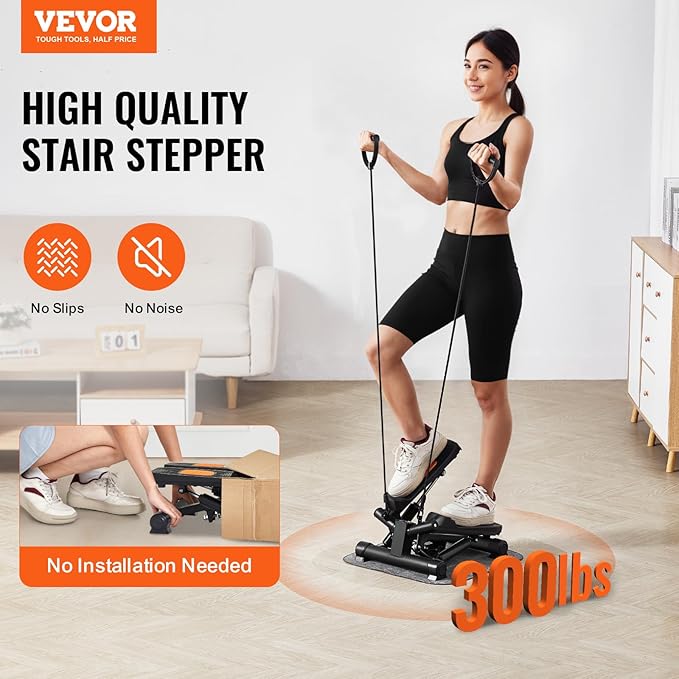 VEVOR Stair Stepper, Mini Stepper for Exercise at Home, Hydraulic Fitness Stepper with Resistance Bands, Full Body Workout Cardio Equipment, Stair Climber