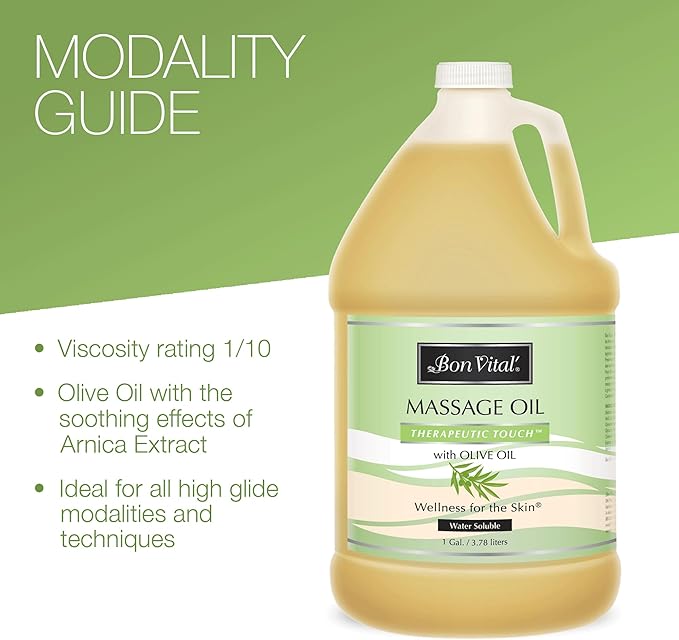 Bon Vital' Therapeutic Touch Massage Oil, 1-Gallon Bottle, Unscented Massage Oil for Massage Therapy With Olive Oil, Lightweight Non-Greasy Formula, Professional-Grade for Dry Skin and Sore Muscles