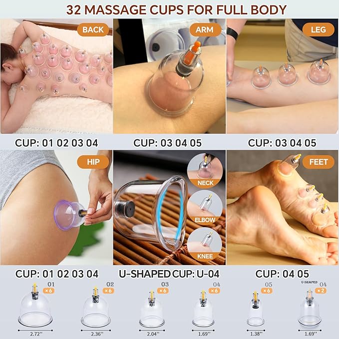 Cupping Therapy Set 32 Massage Therapy Cups Cupping Kit for Body Cellulite Massage Back Pain Relief, Chinese Acupoint Physical Hijama