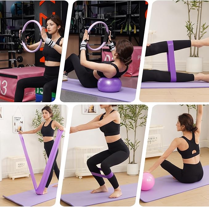 Tsikavo Pilates Ring, Pilates Ring Circle and Ball Set, 12 Inch Magic Circle Pilates Ring,9 Inch Small Exercise Ball,Resistance Bands Set, Home Pilates Equipment for Women