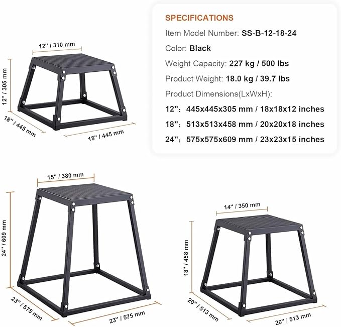 Plyometric Jump Boxes 12/18/24 Inch Set, Plyo Box for Fitness, Agility Training, Step Up Platform - Home Gym Conditioning, Strength Workouts - Black