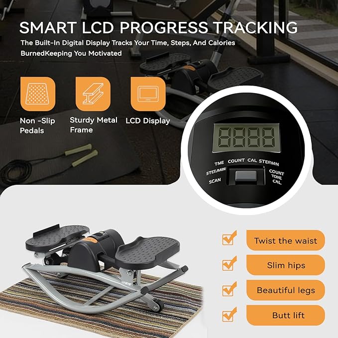 Lateral Rocking Fitness Stepper for Home Workout, Low-Impact Rock Stepper Protects Knees & Joints, Portable Compact Side-to-Side Stepper for Legs, Glutes & Abs Training