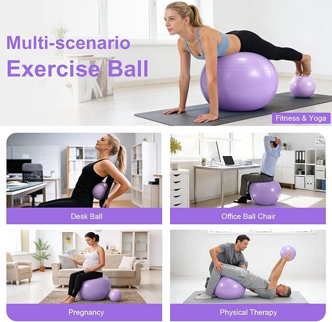 4Pcs Yoga Ball Set includes Large and 9in Pilates Balls, Massage & Spiky Ball for Fitness ,Anti-Burst Exercise Ball with Pumb for Pregnancy,Physical Therapy,Office Chair, Home Workout,3Sizes,3Colors