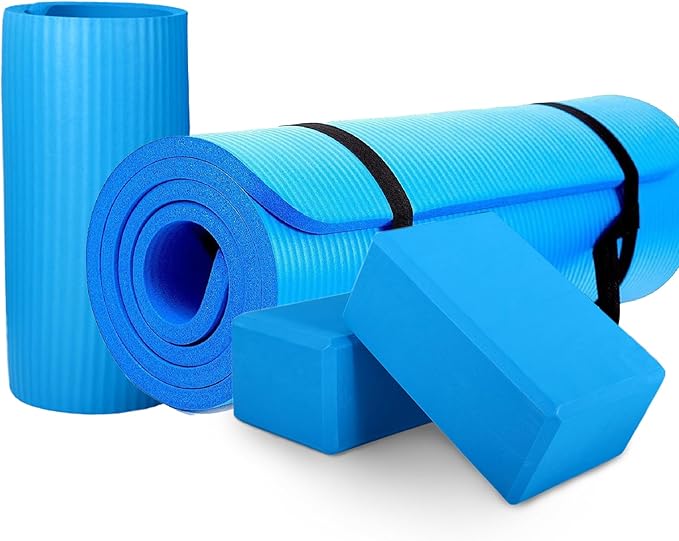 BalanceFrom 71x24 Inches Yoga Mat with Knee Pad and Optional Blocks – Extra 1-Inch Thick Non-Slip Foam with Anti-Tear Surface and Carrying Strap for Home, Studio, or Gym Workouts