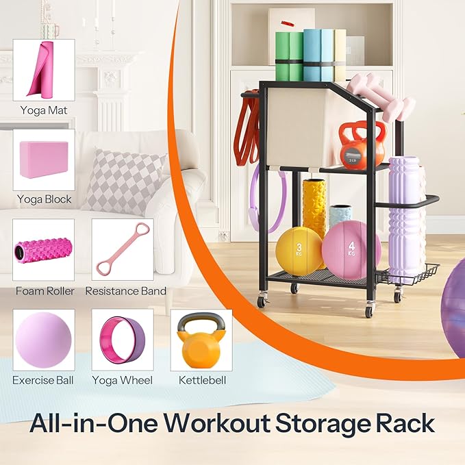 HOOBRO Dumbbell Rack, Weight Rack for Dumbbells, Yoga Mat Storage Rack, Home Gym Storage Rack for Dumbbells Kettlebells Foam Roller, Workout Storage Organizer with Wheels & Hooks, Black BE85CJ01N1