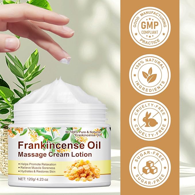 Frankincense Oil Massage Cream Lotion - 4.23 Fl Oz Pure Natural Frankincense Essential Oil Helps Moisturize Skin and Soothe Body, Relax and Soothe Body