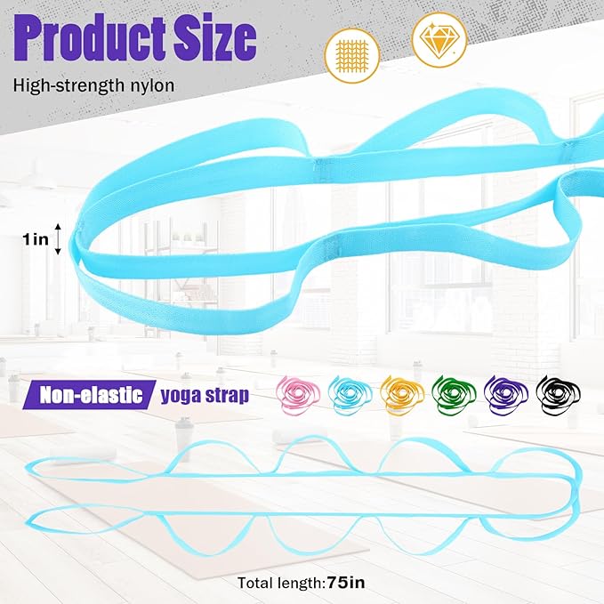 24 Pack Stretching Strap Yoga Strap with Loops Set 6 Colors, 75 Inch Adjustable Stretch Bands Bulk with Metal Buckle for Physical Therapy, Dance, Pilates & Workout Gymnastic Women Men Home