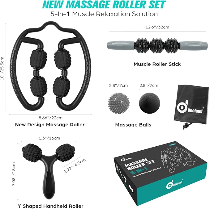 Odoland Massage Set - 360 Trigger Point, Muscle Roller Stick, Y Shaped Handheld, 2 Massage Balls for Legs, Arms - Myofascial & Deep Tissue Pain Relief - Black