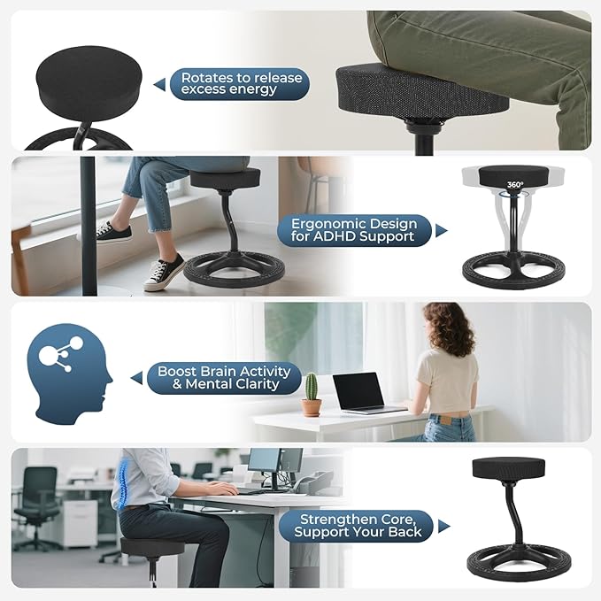 ADHD Chair for Kids, Yoga Chairs for Adults, Wobble Stool Active Flexible Seating Desk Chair with Non-Slip Base and Washable Seat Cover for Stability, Balance, Yoga, Office, School, Classroom