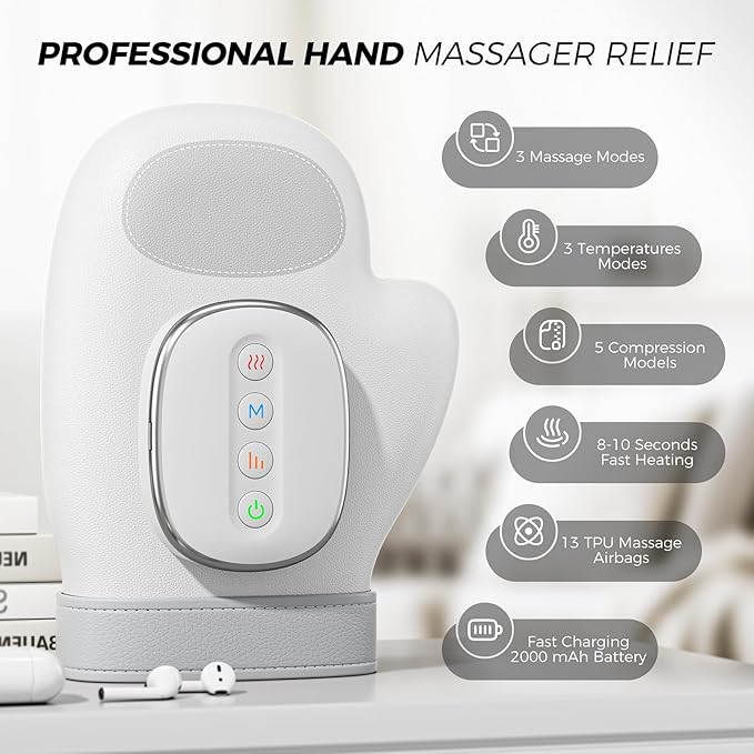 WUX Hand Massager with Heat Compression Relief, 3 Massage 4 Temperatures 5 Compression Models Therapy Glove, Arthritis & Wrist Carpal Tunnel Muscles Pressure Point Therapy, Ideal Gifts for Women/Men