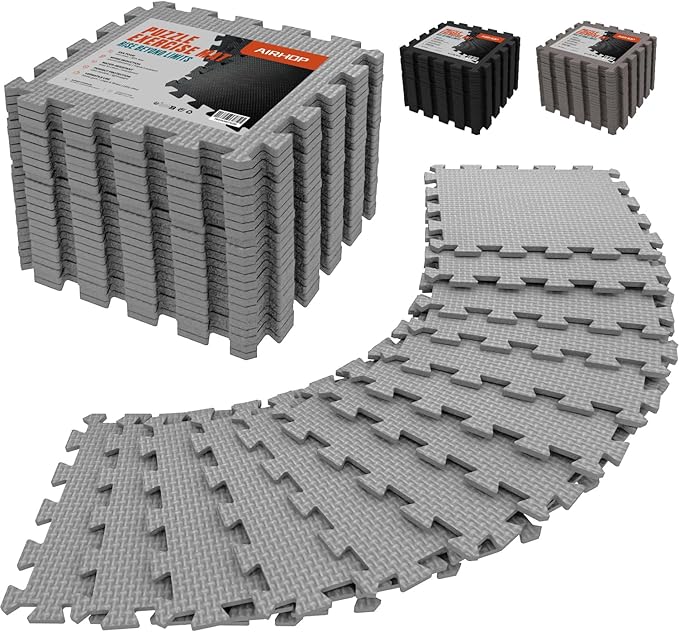 AIRHOP 18 Tiles Gym Floor Mat, EVA Foam Puzzle Gym Mat, High-Density Interlocking Foam Floor Tiles for Home Gym, Play Workout Garage Kitchen Flooring