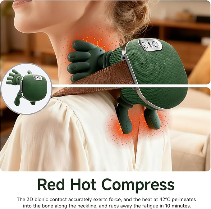 Shoulder Hand Neck Massager Fingers with Heat Simulated Human Hand Design Masajeador De Espalda Y Cuello for Pain Relief Deep Tissue and Back Pain Relief-Green