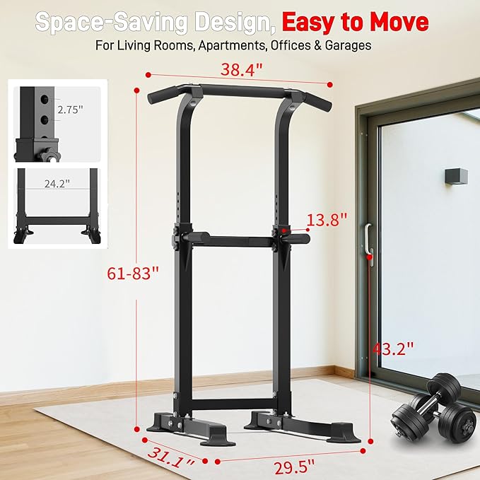 Outdoor Basic Power Tower, Pull Up Bar and Dip Station for Home Gym, 1400LBS Weight Capacity, Adjustable Height, Heavy Duty Steel Frame for Calisthenics, Strength Training Fitness Equipment