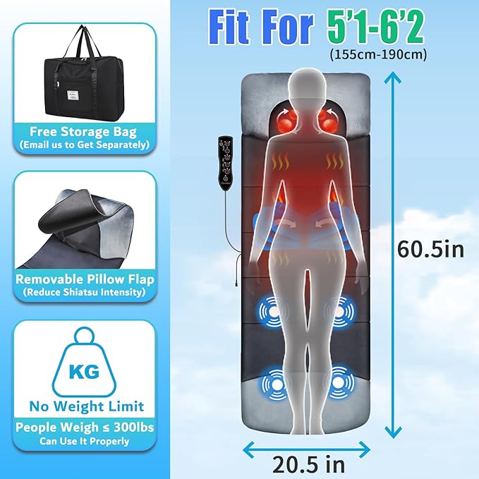 Full Body Massage Mat, Back Massager for Pain Relief Deep Tissue, 3D Shiatsu Neck and Back Massager with Heat, 3D Lumbar Traction & Relaxation, 4 Vibrating Motors, Massage Pad for Bed, Fit 5'1-6'2