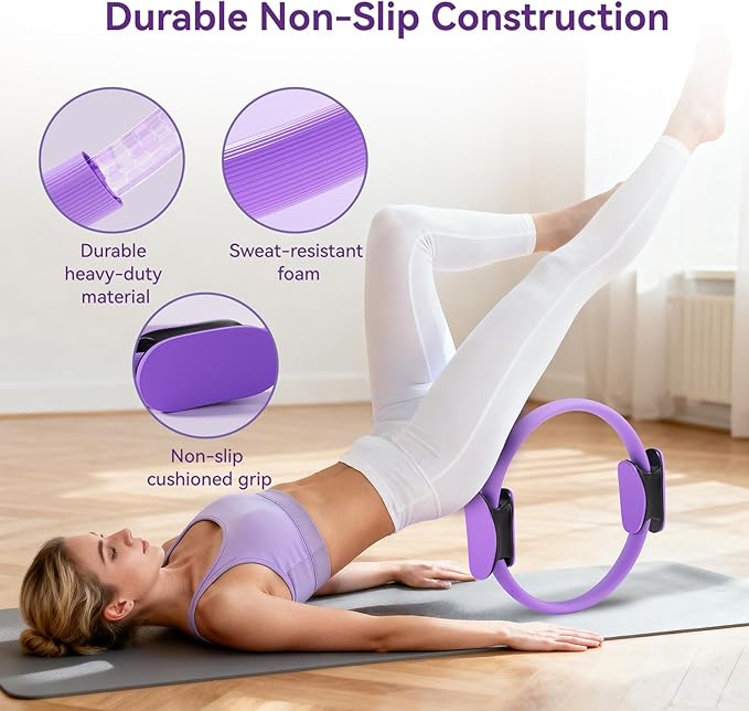 Pilates Kit for Women,15 Inch Magic Circle, 6 Multi-Level Resistance Bands,Yoga Ball Socks, Back Neck Stretcher ,14-Piece Full Body Toning Pilates Equipment for Beginners, 15 Min Daily Routine
