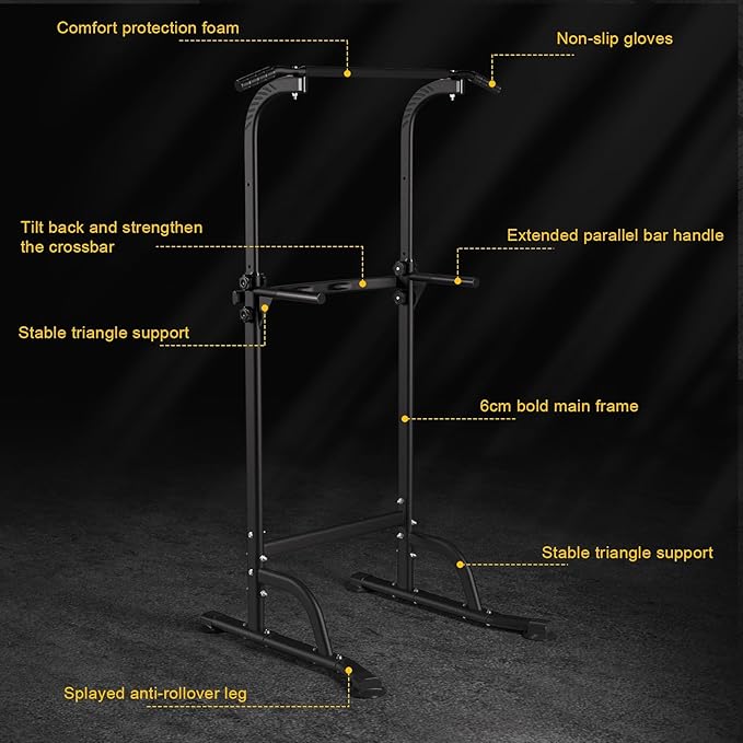 Power Tower Pull Up Bar, Workout Dip Station for Home Gym, Portable Pull-up Bar Station Station with 10 Gears Adjustment, Strength Training Fitness Equipment, Bearing 330LBS Black
