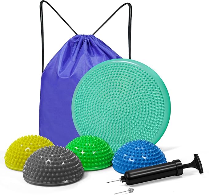 Wobble Cushion Set for Sensory Kids and Balance Training - Disc Plus 4 Pods, Board With Pump, Inflatable Stepping Pads for Adults