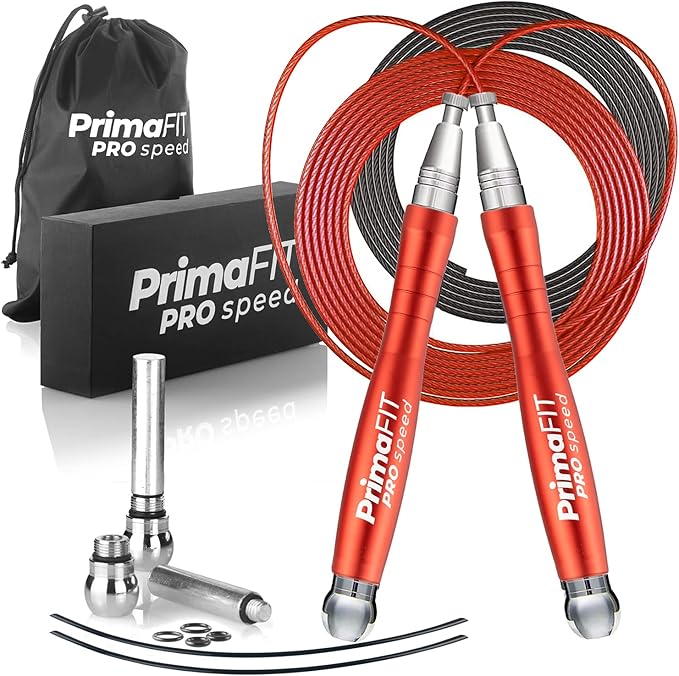 PrimaFIT Jump Rope Pro Speed Skipping Rope Adjustable Adult Jumping Rope Weighted Aluminium Handles for Double Dutch Boxing Workout Crossfit Exercise Fitness Spare Cable Weights Protectors Carry Bag