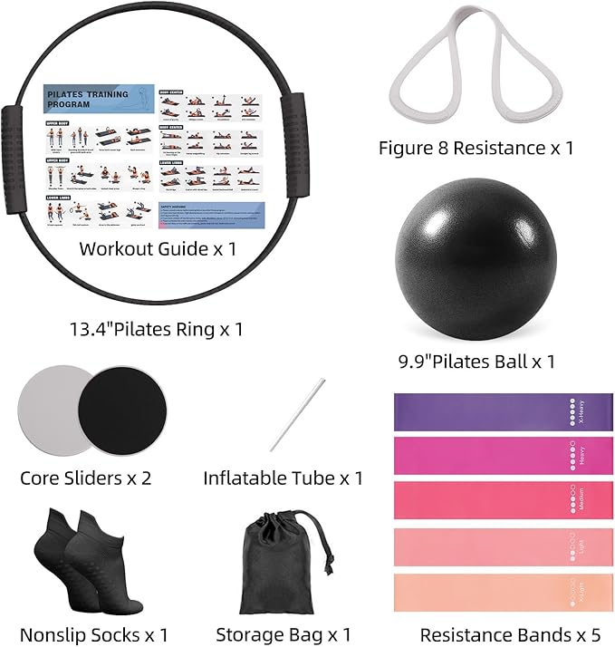 13 PCS Pilates Equipment Kit for Women,Pilates Ring and Ball Set with Resistance Bands,Core Sliders, Socks, Bag & Guide for Starter Home Workout Fitness Gym Essentials